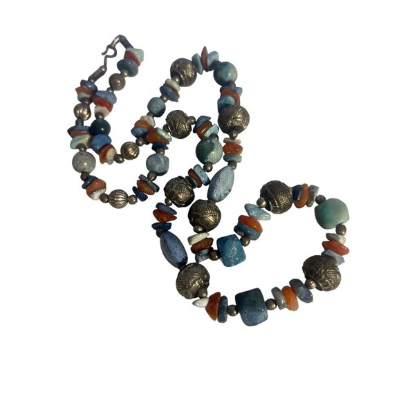 Handcrafted Chunky Beaded Necklace Natural Stones Ceramic Beads Silver Tone 28" - Picture 4 of 5